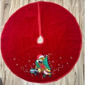 VTG Tree Skirt 44in Red Velvet Teddy Bear Embroidered Holiday Traditional Kitsch